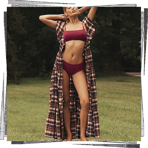 Plaid Flutter-Sleeve Button Front Tiered Midi Dress (XS) by Pilcro - Picture 3 of 6